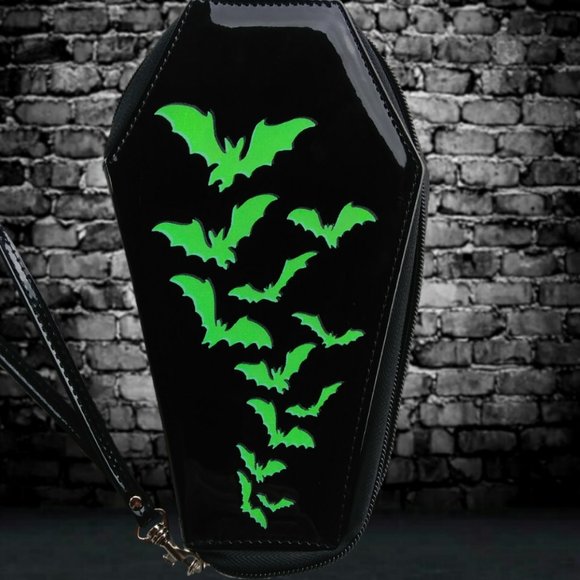 None Handbags - UVB146 💀💜 GLOSSY LIQUIDE BLACK ZIP COFFIN WALLET w GREEN GLOW UV REACTIVE BATS